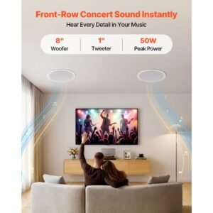 bluetooth ceiling speakers, 8", in ceiling & in wall speaker system with amplifier, 2 way flush mount speakers, for damp humid placement, home theater, living room, or covered patio, 1 pair
