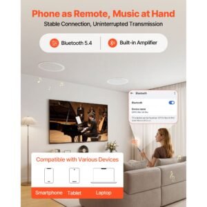 bluetooth ceiling speakers, 8", in ceiling & in wall speaker system with amplifier, 2 way flush mount speakers, for damp humid placement, home theater, living room, or covered patio, 1 pair
