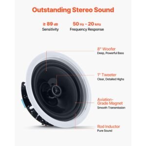 bluetooth ceiling speakers, 8", in ceiling & in wall speaker system with amplifier, 2 way flush mount speakers, for damp humid placement, home theater, living room, or covered patio, 1 pair