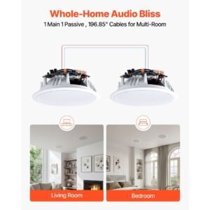 bluetooth ceiling speakers, 8", in ceiling & in wall speaker system with amplifier, 2 way flush mount speakers, for damp humid placement, home theater, living room, or covered patio, 1 pair