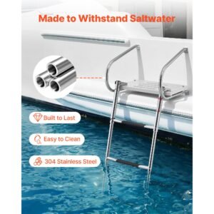 boat ladder, 3 steps, stainless steel telescoping folding swim deck ladder for rear entry inboard, 400 lbs capacity with wide anti slip steps & handrails, for outboards, yacht, pontoon boats