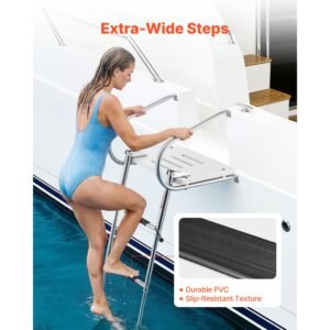 boat ladder, 3 steps, stainless steel telescoping folding swim deck ladder for rear entry inboard, 400 lbs capacity with wide anti slip steps & handrails, for outboards, yacht, pontoon boats