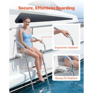 boat ladder, 3 steps, stainless steel telescoping folding swim deck ladder for rear entry inboard, 400 lbs capacity with wide anti slip steps & handrails, for outboards, yacht, pontoon boats