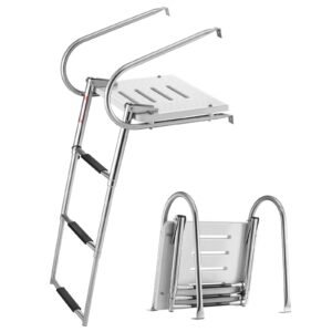 Boat Ladder, 3 Steps, Stainless Steel Telescoping Folding Swim Deck Ladder for Rear Entry Inboard, 400 lbs Capacity with Wide Anti-Slip Steps & Handrails, for Outboards, Yacht, Pontoon Boats