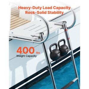 boat ladder, 3 steps, stainless steel telescoping folding swim deck ladder for rear entry inboard, 400 lbs capacity with wide anti slip steps & handrails, for outboards, yacht, pontoon boats
