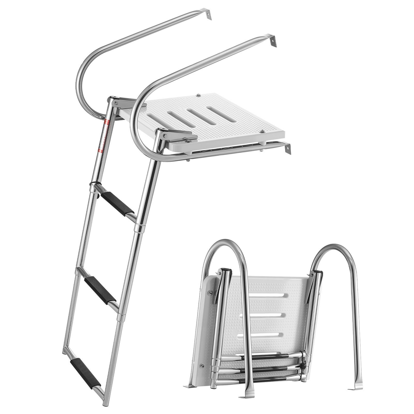 boat ladder, 3 steps, stainless steel telescoping folding swim deck ladder for rear entry inboard, 400 lbs capacity with wide anti slip steps & handrails, for outboards, yacht, pontoon boats