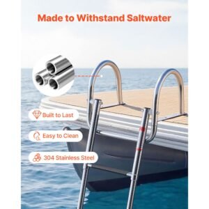boat ladder, 3 steps, stainless steel telescoping folding swim deck ladder for rear entry inboard, 600 lbs capacity with wide anti slip steps & handrails, for outboards, yacht, pontoon boats