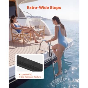 boat ladder, 3 steps, stainless steel telescoping folding swim deck ladder for rear entry inboard, 600 lbs capacity with wide anti slip steps & handrails, for outboards, yacht, pontoon boats