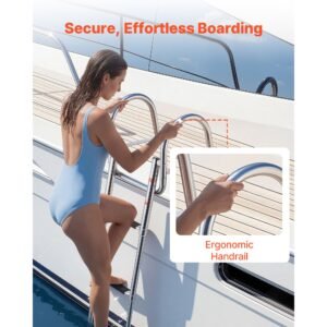 boat ladder, 3 steps, stainless steel telescoping folding swim deck ladder for rear entry inboard, 600 lbs capacity with wide anti slip steps & handrails, for outboards, yacht, pontoon boats