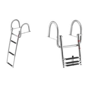 Boat Ladder, 3 Steps, Stainless Steel Telescoping Folding Swim Deck Ladder for Rear Entry Inboard, 600 lbs Capacity with Wide Anti-Slip Steps & Handrails, for Outboards, Yacht, Pontoon Boats