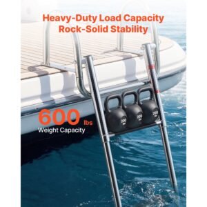 boat ladder, 3 steps, stainless steel telescoping folding swim deck ladder for rear entry inboard, 600 lbs capacity with wide anti slip steps & handrails, for outboards, yacht, pontoon boats