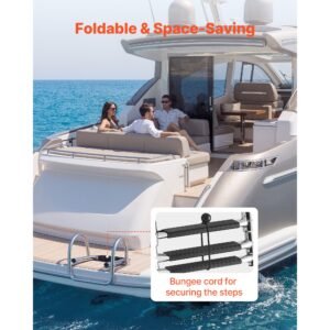 boat ladder, 3 steps, stainless steel telescoping folding swim deck ladder for rear entry inboard, 600 lbs capacity with wide anti slip steps & handrails, for outboards, yacht, pontoon boats