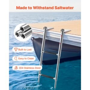 boat ladder, 3 steps, stainless steel telescoping folding swim deck ladder for rear entry inboard, heavy duty 600 lbs capacity with wide anti slip steps, for outboards, yacht, pontoon boats