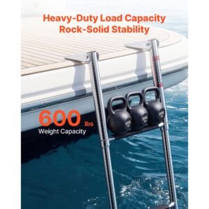 boat ladder, 3 steps, stainless steel telescoping folding swim deck ladder for rear entry inboard, heavy duty 600 lbs capacity with wide anti slip steps, for outboards, yacht, pontoon boats