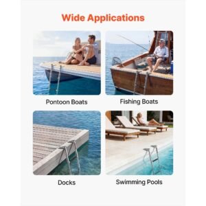 boat ladder, 3 steps, stainless steel telescoping folding swim deck ladder for rear entry inboard, heavy duty 600 lbs capacity with wide anti slip steps, for outboards, yacht, pontoon boats