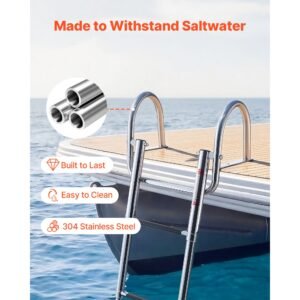 boat ladder, 4 steps, stainless steel telescoping folding swim deck ladder for rear entry inboard, 600 lbs capacity with wide anti slip steps & handrails, for outboards, yacht, pontoon boats