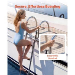 boat ladder, 4 steps, stainless steel telescoping folding swim deck ladder for rear entry inboard, 600 lbs capacity with wide anti slip steps & handrails, for outboards, yacht, pontoon boats