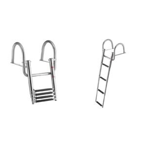 Boat Ladder, 4 Steps, Stainless Steel Telescoping Folding Swim Deck Ladder for Rear Entry Inboard, 600 lbs Capacity with Wide Anti-Slip Steps & Handrails, for Outboards, Yacht, Pontoon Boats