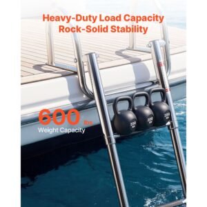 boat ladder, 4 steps, stainless steel telescoping folding swim deck ladder for rear entry inboard, 600 lbs capacity with wide anti slip steps & handrails, for outboards, yacht, pontoon boats