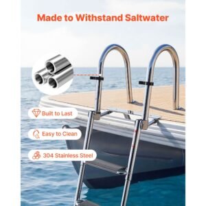 boat ladder, 4 steps, stainless steel telescoping folding swim deck ladder for rear entry inboard, 600lbs capacity with extra wide anti slip steps & handrails, for outboards, yacht, pontoon boat