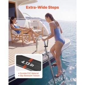 boat ladder, 4 steps, stainless steel telescoping folding swim deck ladder for rear entry inboard, 600lbs capacity with extra wide anti slip steps & handrails, for outboards, yacht, pontoon boat