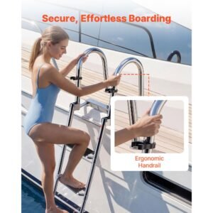 boat ladder, 4 steps, stainless steel telescoping folding swim deck ladder for rear entry inboard, 600lbs capacity with extra wide anti slip steps & handrails, for outboards, yacht, pontoon boat
