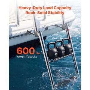 boat ladder, 4 steps, stainless steel telescoping folding swim deck ladder for rear entry inboard, 600lbs capacity with extra wide anti slip steps & handrails, for outboards, yacht, pontoon boat