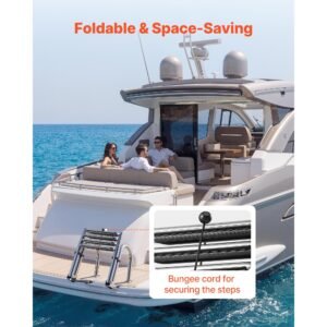 boat ladder, 4 steps, stainless steel telescoping folding swim deck ladder for rear entry inboard, 600lbs capacity with extra wide anti slip steps & handrails, for outboards, yacht, pontoon boat