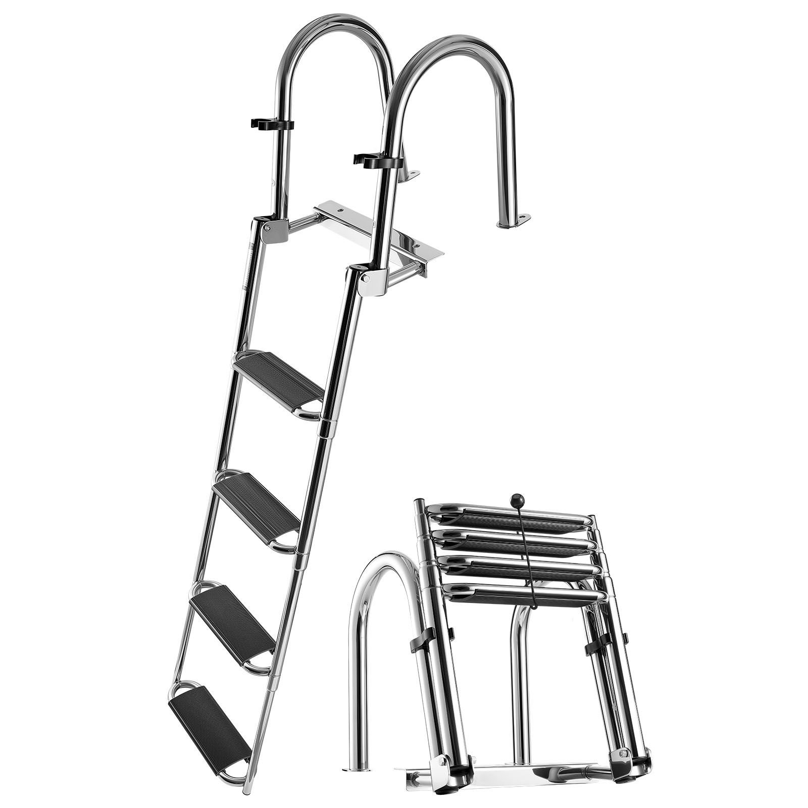 boat ladder, 4 steps, stainless steel telescoping folding swim deck ladder for rear entry inboard, 600lbs capacity with extra wide anti slip steps & handrails, for outboards, yacht, pontoon boat