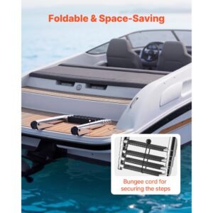 boat ladder, 4 steps, stainless steel telescoping folding swim deck ladder for rear entry inboard, heavy duty 900 lbs capacity with wide anti slip steps, for outboards, yacht, pontoon boats