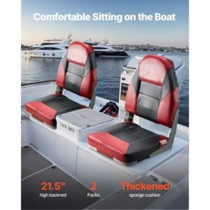 boat seat, high backrest, folding fishing boat seat with thickened sponge cushion & waterproof pvc leather, aluminum alloy hinges, flip up boat seat for boats, yachts, ships, black & red