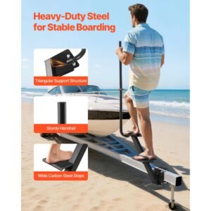 boat trailer steps, 3 step, heavy duty boat trailer steps with handle, non slip surface, 3 mounting angle options, carbon steel ladder suitable for 3" x 3"/3" x 5"/4" x 4" frame, side mounting