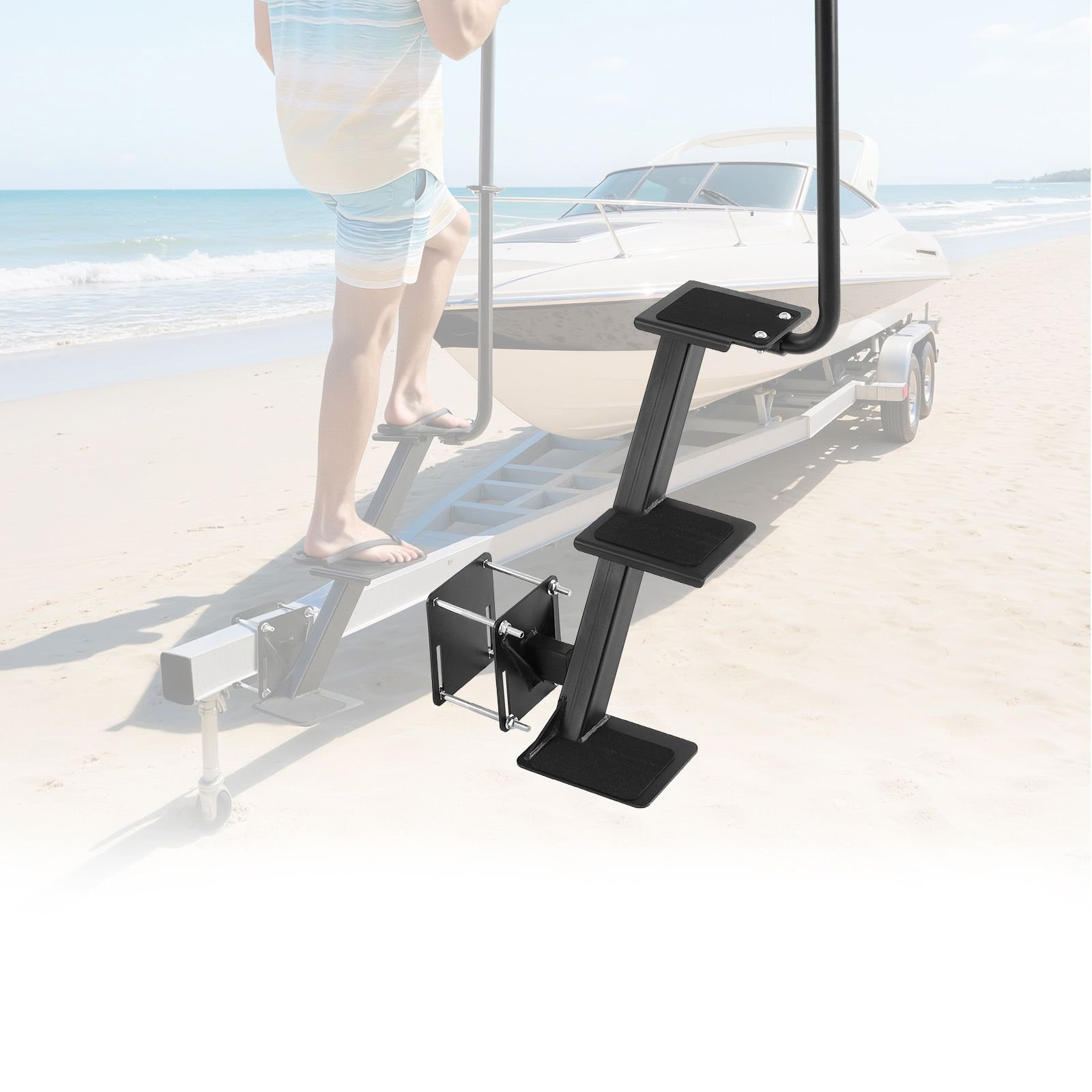 boat trailer steps, 3 step, heavy duty boat trailer steps with handle, non slip surface, 3 mounting angle options, carbon steel ladder suitable for 3" x 3"/3" x 5"/4" x 4" frame, side mounting