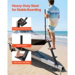 boat trailer steps, 4 step, heavy duty boat trailer steps with handle, non slip surface, 3 mounting angle options, carbon steel ladder suitable for 3" x 3"/3" x 5"/4" x 4" frame, bottom mounting