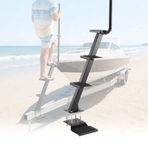 Boat Trailer Steps, 4-Step, Heavy-Duty Boat Trailer Steps with Handle, Non-Slip Surface, 3 Mounting Angle Options, Carbon Steel Ladder Suitable for 3" x 3"/3" x 5"/4" x 4" Frame, Bottom Mounting