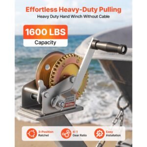 boat winch, 1600 lbs hand winch, heavy duty manual rope crank, portable two way ratchet, 4: 1 gear ratio, easy installation gear for boat trailer atv towing