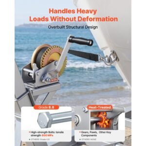 boat winch, 1600 lbs hand winch, heavy duty manual rope crank, portable two way ratchet, 4: 1 gear ratio, easy installation gear for boat trailer atv towing