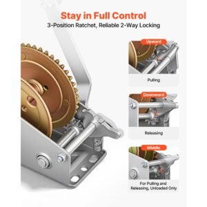 boat winch, 1600 lbs hand winch, heavy duty manual rope crank, portable two way ratchet, 4: 1 gear ratio, easy installation gear for boat trailer atv towing