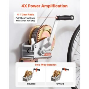 boat winch, 1600 lbs hand winch, heavy duty manual rope crank, portable two way ratchet, 4: 1 gear ratio, easy installation gear for boat trailer atv towing