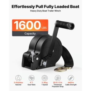 boat winch, 1600 lbs hand winch, heavy duty manual rope crank with 20ft orange polyester strap, portable two way ratchet, 2 speed switchable, anti slip handle gear for boat trailer atv towing