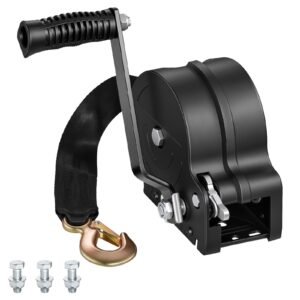 Boat Winch, 1600 lbs Hand Winch, Heavy Duty Manual Rope Crank with 20ft Orange Polyester Strap, Portable Two-Way Ratchet, 2 Speed Switchable, Anti-Slip Handle Gear for Boat Trailer ATV Towing