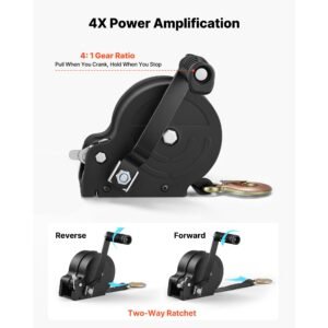 boat winch, 1600 lbs hand winch, heavy duty manual rope crank with 20ft orange polyester strap, portable two way ratchet, 2 speed switchable, anti slip handle gear for boat trailer atv towing
