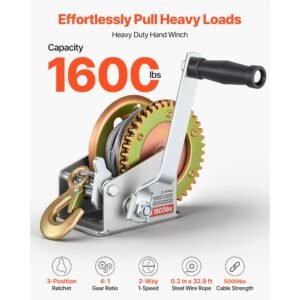 boat winch, 1600 lbs hand winch, heavy duty manual rope crank with 32.8ft steel wire, portable two way ratchet, anti slip handle, easy installation gear for boat trailer atv towing