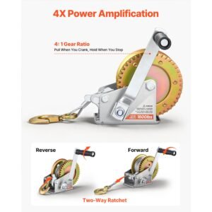 boat winch, 1600 lbs hand winch, heavy duty manual rope crank with 32.8ft steel wire, portable two way ratchet, anti slip handle, easy installation gear for boat trailer atv towing