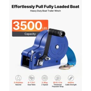boat winch, 3500 lbs hand winch, heavy duty manual rope crank with 20ft gray black polyester strap, portable two way ratchet, anti slip handle gear for boat trailer atv towing
