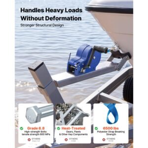boat winch, 3500 lbs hand winch, heavy duty manual rope crank with 20ft gray black polyester strap, portable two way ratchet, anti slip handle gear for boat trailer atv towing