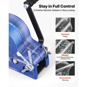 boat winch, 3500 lbs hand winch, heavy duty manual rope crank with 20ft gray black polyester strap, portable two way ratchet, anti slip handle gear for boat trailer atv towing