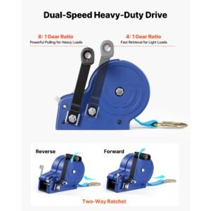 boat winch, 3500 lbs hand winch, heavy duty manual rope crank with 20ft gray black polyester strap, portable two way ratchet, anti slip handle gear for boat trailer atv towing