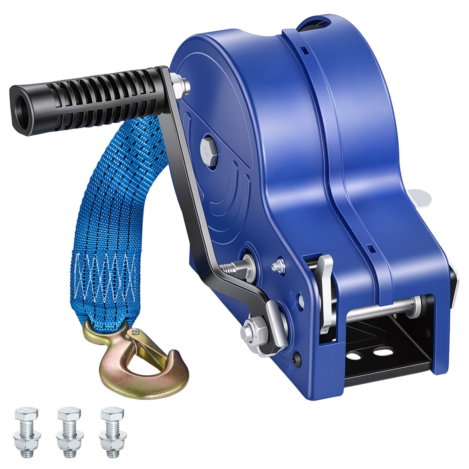 boat winch, 3500 lbs hand winch, heavy duty manual rope crank with 20ft gray black polyester strap, portable two way ratchet, anti slip handle gear for boat trailer atv towing