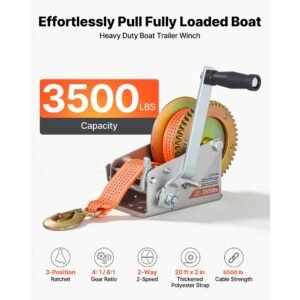boat winch, 3500 lbs hand winch, heavy duty manual rope crank with 20ft orange polyester strap, portable two way ratchet, 2 speed switchable, anti slip handle gear for boat trailer atv towing